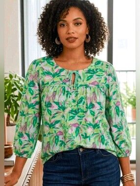 Stella Parker M Top Green Tropical Palm 3/4 Sleeve Tie Front Pullover Stretch